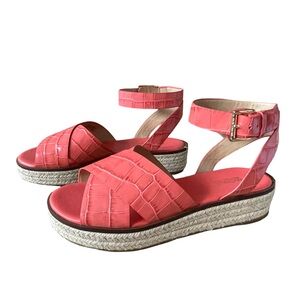 Michael Kors Abbott Croc-Embossed Coral Leather Espadrille Sandals Size 8